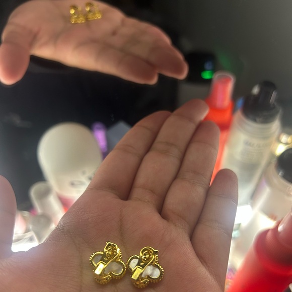 Gold and White Clover Earrings - Picture 2 of 2